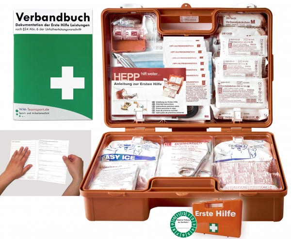 Verbandkoffer / Verbandskasten (G) - Erste Hilfe nach aktueller DIN 13169 für Betriebe -DSGVO- inkl. perforiertem Verbandbuch